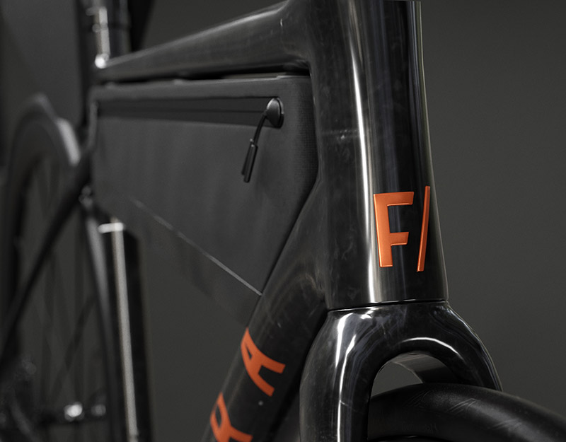 Close-up of the frame bag installed on the bike frame