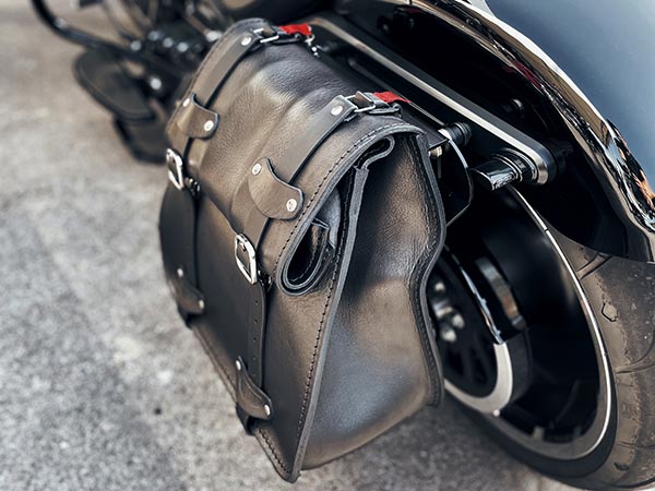 Ends Cuoio saddlebag on motorbike - image taken from above and rear of bike