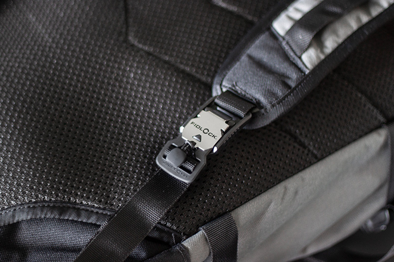 V-BUCKLE installed on a shoulder strap of a backpack