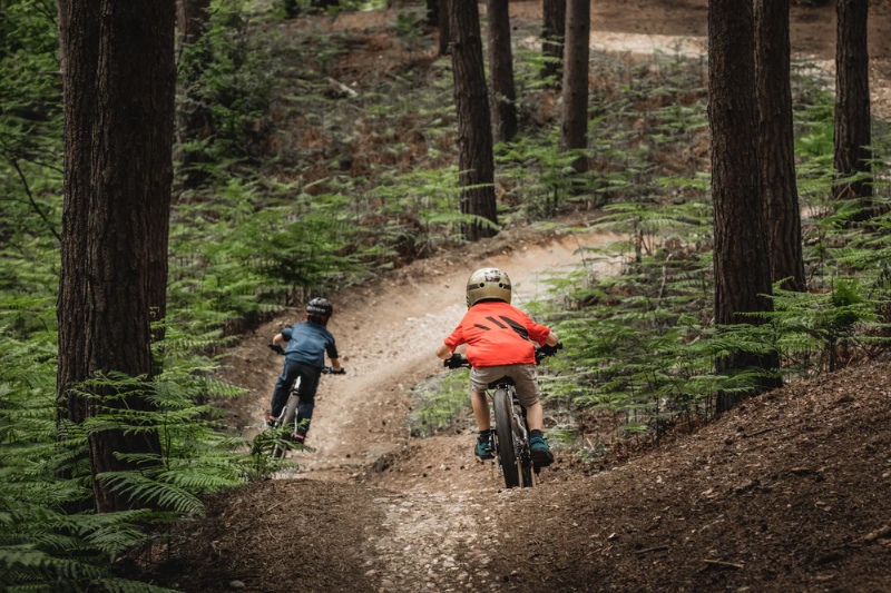 Kids riding bikes in a forest