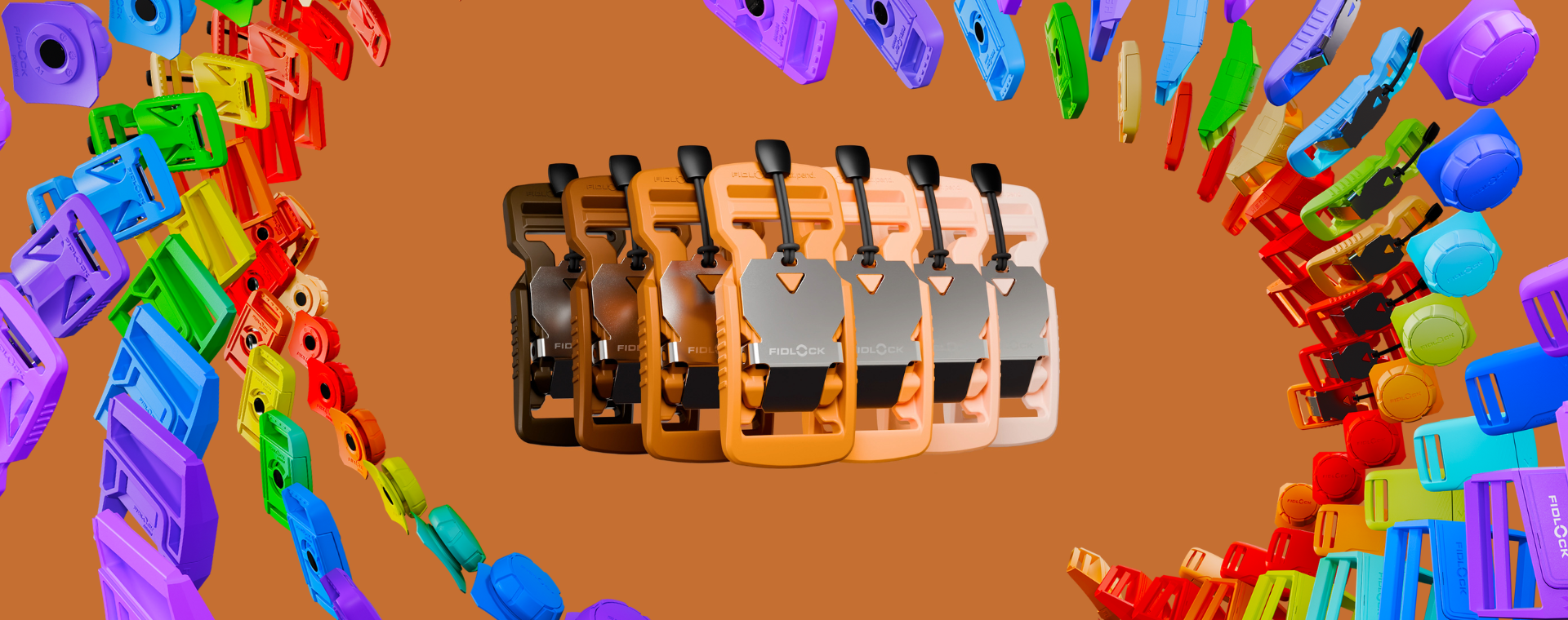 Header with coloured V-Buckle Variations and a color swirl of FIDLOCK buckles