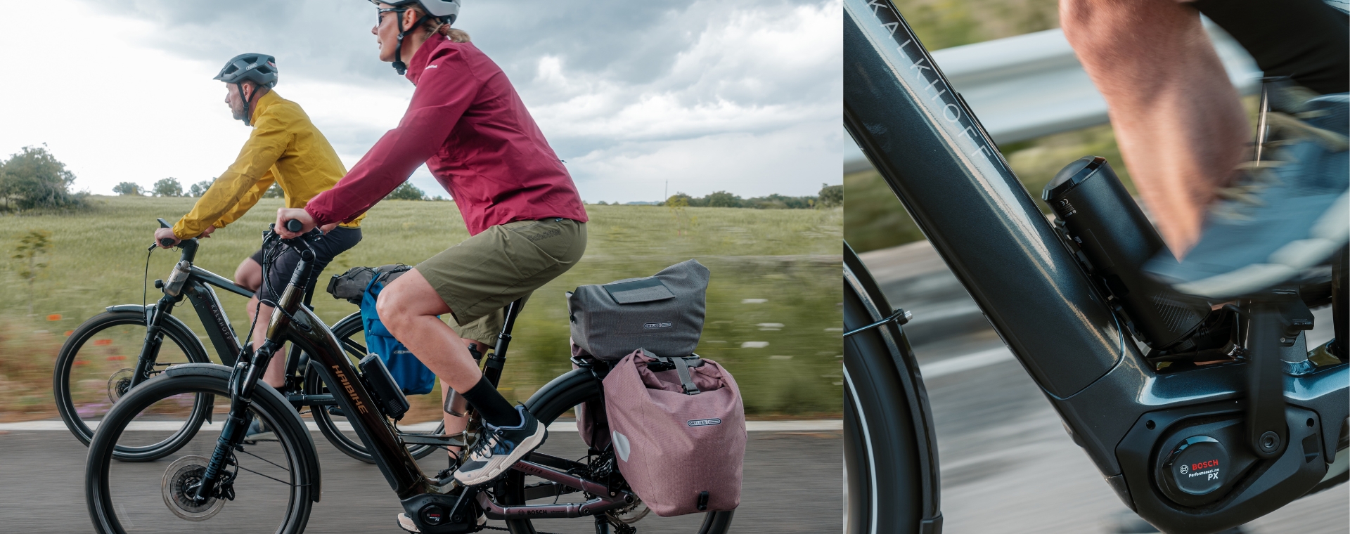Two persons riding a bike with bosch battery for e-bikes
