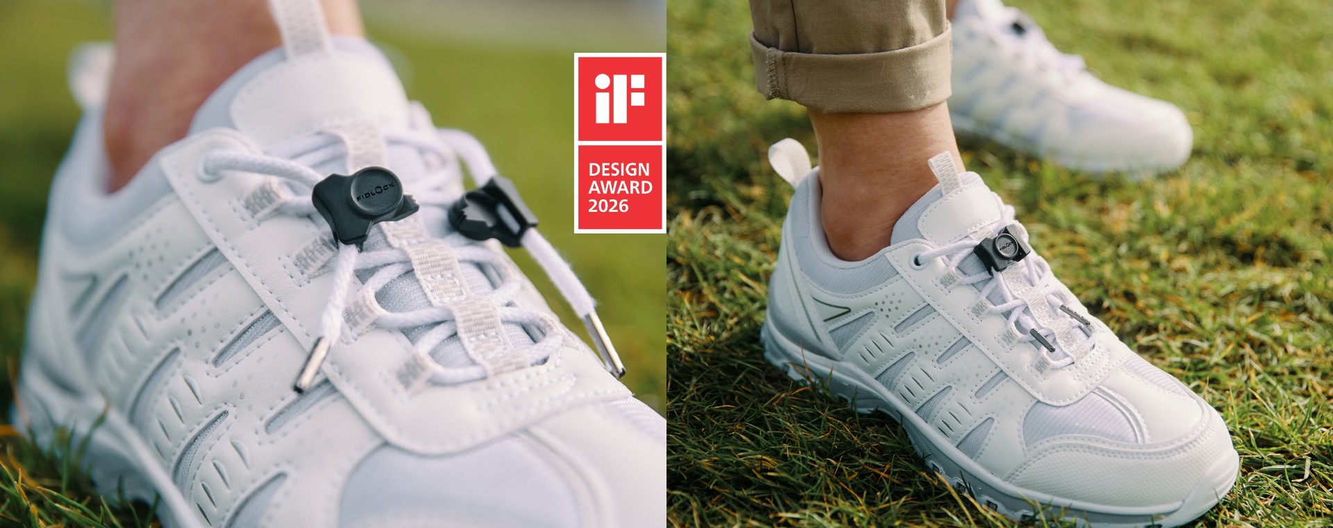 White shoe with FIDLOCK MAGKNOT fasteners