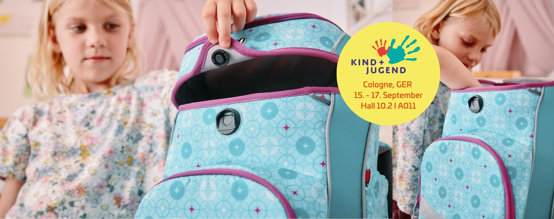 Girl opening school bag with COINTRAP fastener 