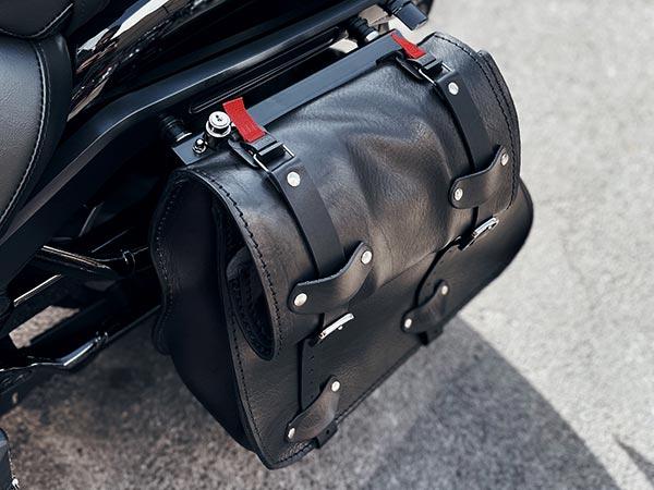 Ends Cuoio saddlebag on motorbike - image taken from above and front of bike
