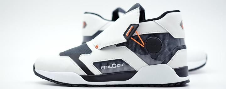 FIDLOCK sneaker shown in two perspectives - full view of design and used fastener